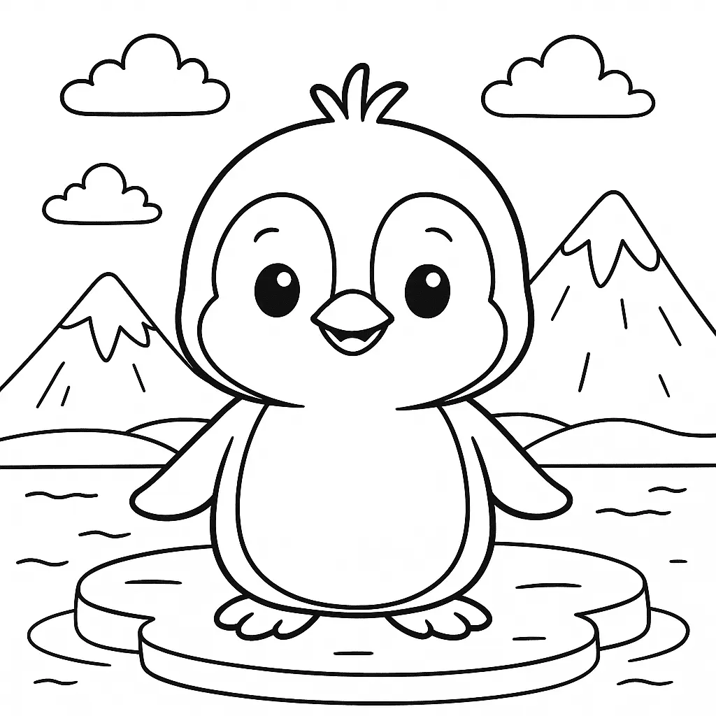 Kleines, süßes Pinguin Ausmalbild mit Eis, Bergen und Wolken im Hintergrund