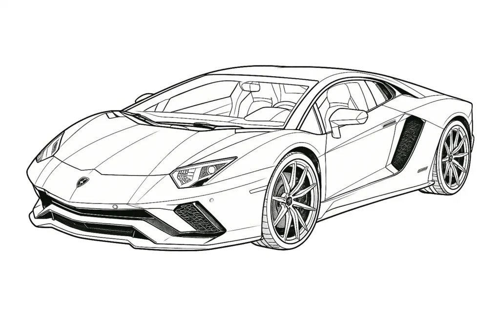 Lamborghini Ausmalbilder als Sportwagen in voller Ansicht – perfekt für Kinder und Autofans zum Ausdrucken.