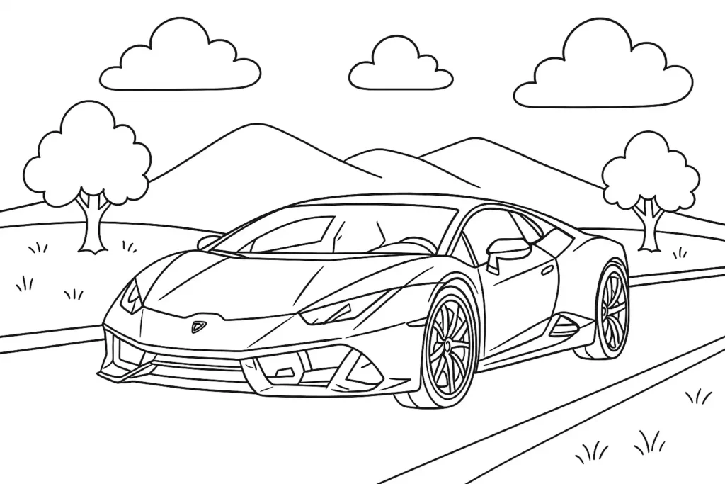 Lamborghini Ausmalbild für Kinder – Sportwagen auf Landstraße mit Bäumen, Hügeln und Wolken, ideal zum Ausmalen.