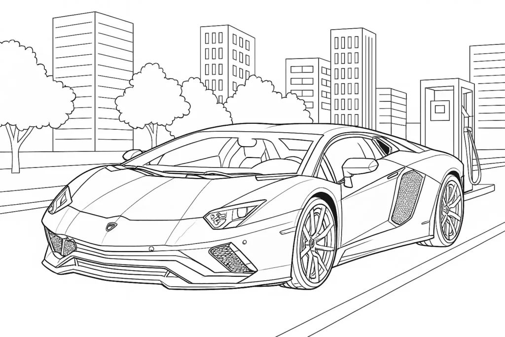 Lamborghini Aventador Ausmalbild mit städtischem Hintergrund – moderne Gebäude, Straße und Tankstelle als Malvorlage