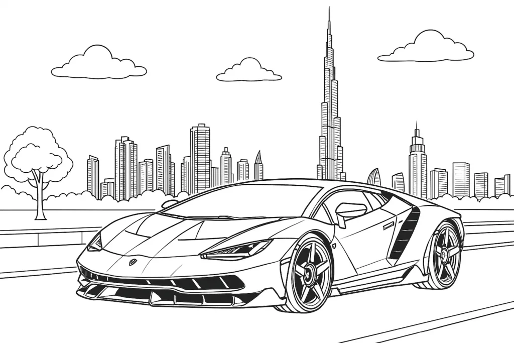 Lamborghini Centenario Ausmalbild – Supersportwagen vor Skyline von Dubai mit Burj Khalifa im Hintergrund.