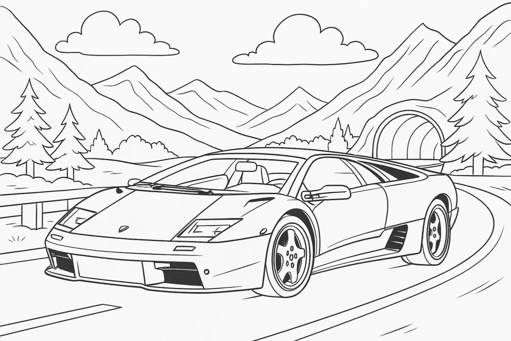 Lamborghini Diablo Ausmalbild – Supersportwagen auf kurviger Bergstraße mit Tannen, Bergen und Tunnel im Hintergrund.