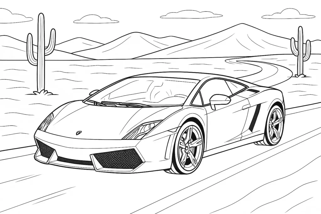 Lamborghini Gallardo Ausmalbild – Sportwagen auf Wüstenstraße mit Dünen, Kakteen und offenem Himmel im Hintergrund.