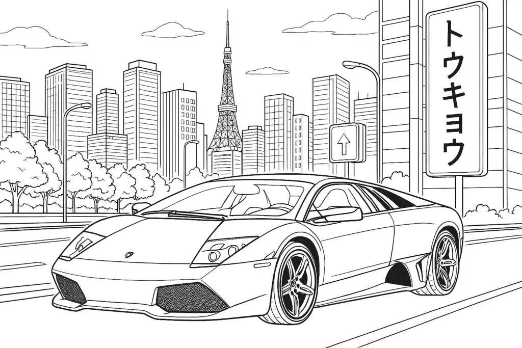 Lamborghini Murciélago Ausmalbild mit Tokio-Hintergrund – Skyline, Verkehrsschilder, japanische Schriftzeichen und Tokyo Tower.