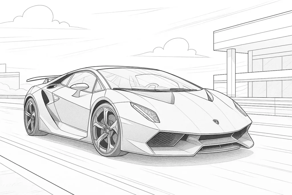 Lamborghini Sesto Elemento Ausmalbild – Supersportwagen mit Carbon-Design auf moderner Teststrecke mit Gebäuden.