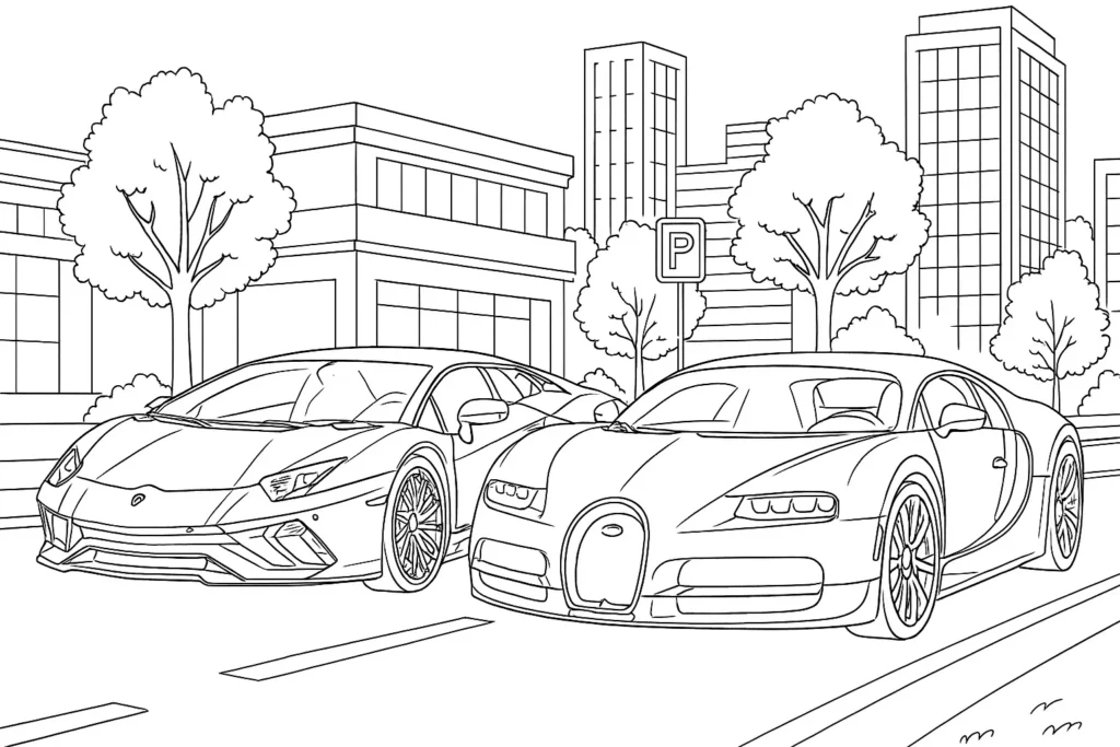 Lamborghini und Bugatti Ausmalbild – zwei Sportwagen auf Straße mit Bäumen und Parkschild im Hintergrund.
