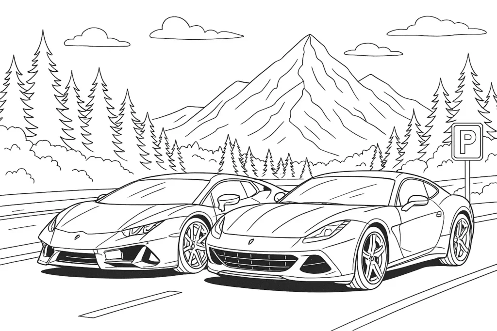 Ausmalbild mit Lamborghini und Ferrari – zwei Supersportwagen auf Landstraße vor Bergkulisse mit Tannen.