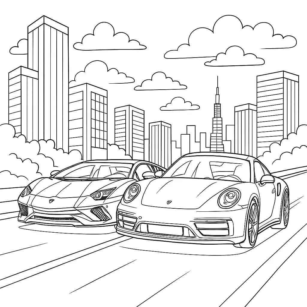 14 Porsche Ausmalbilder (Kostenlose Malvorlagen PDF drucken) Lamborghini und Porsche Ausmalbild – Zwei Sportwagen nebeneinander auf einer Stadtstraße mit Hochhäusern. Detailliertes Motiv für Kinder und Erwachsene.