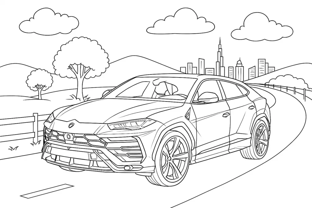 Lamborghini Urus Ausmalbild – SUV auf Landstraße mit Zaun, Hügeln, Bäumen und Stadtsilhouette im Hintergrund.