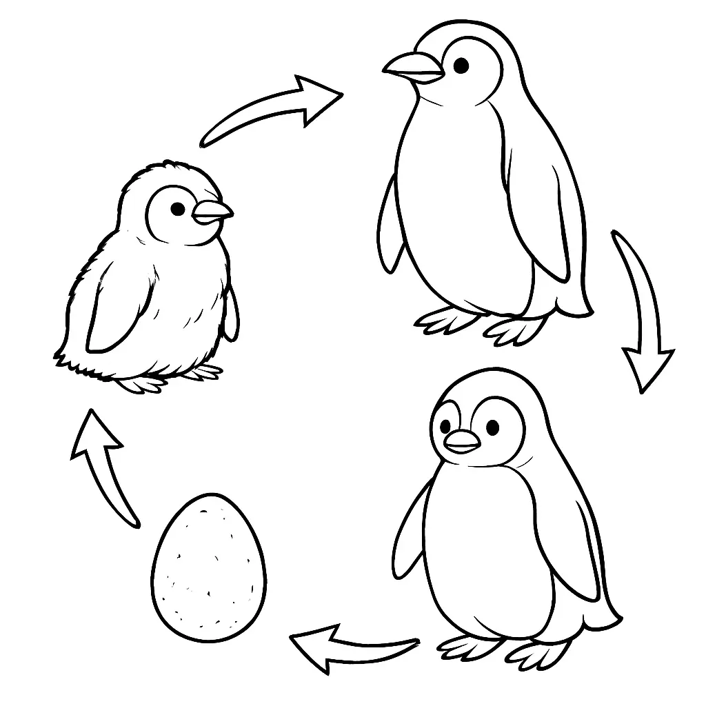 Ausmalbild zeigt den Lebenszyklus eines Pinguins mit Ei, Küken, Jungtier und Erwachsenem