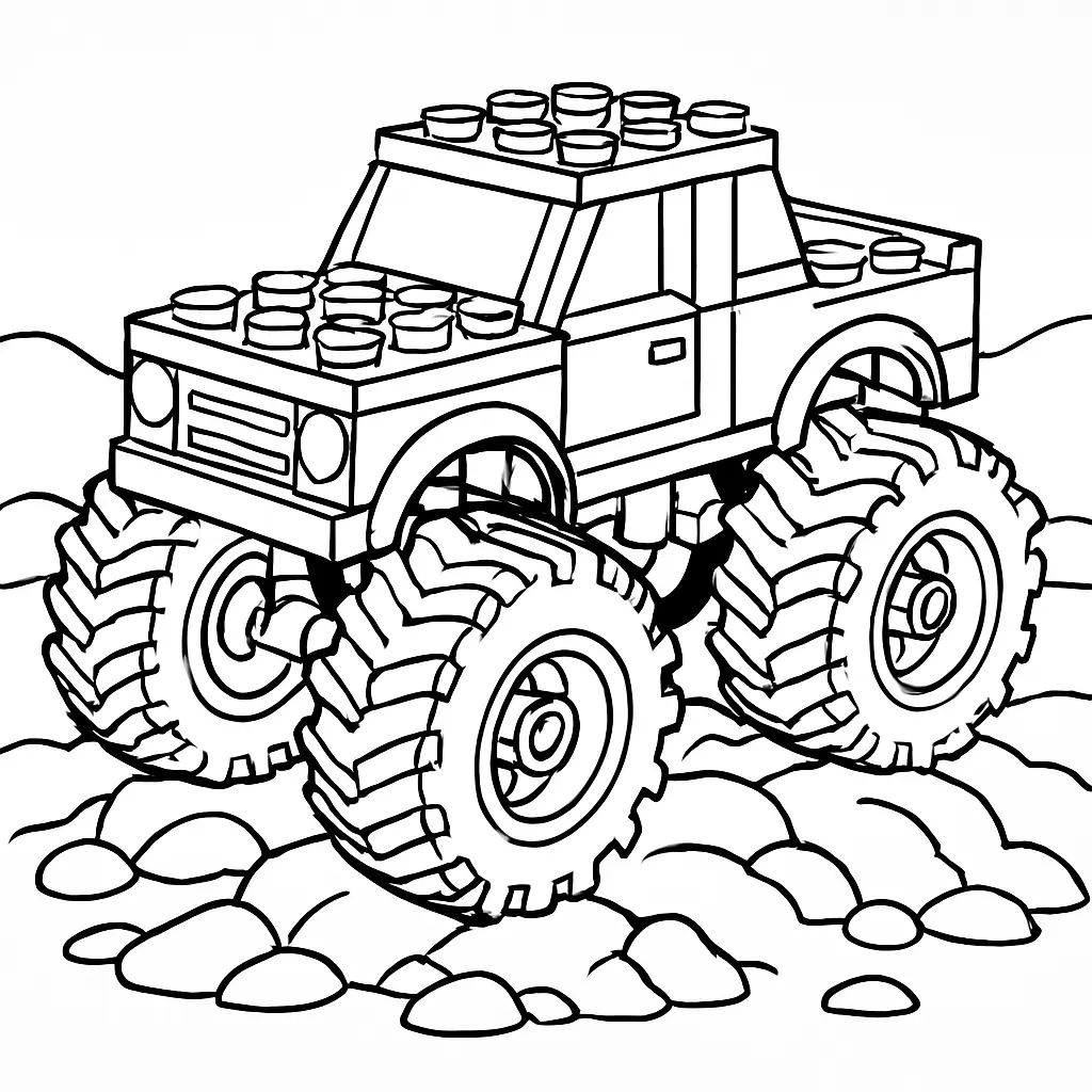 24 MonsterTruck Ausmalbilder (Kostenlose Malvorlagen Drucken) Lego Monstertruck Ausmalbild mit Baustein-Design und riesigen Reifen – kreative Malvorlage für Kinder.