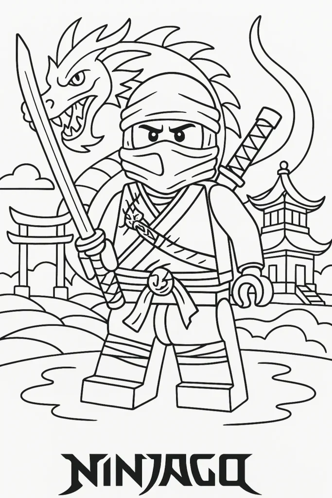 50 Ausmalbilder Lego Ninjago (Kostenlose Malvorlage Drucken) Kostenloses Ausmalbilder Lego Ninjago mit Ninja und Drachen im Spinjitzu-Stil zum Ausdrucken