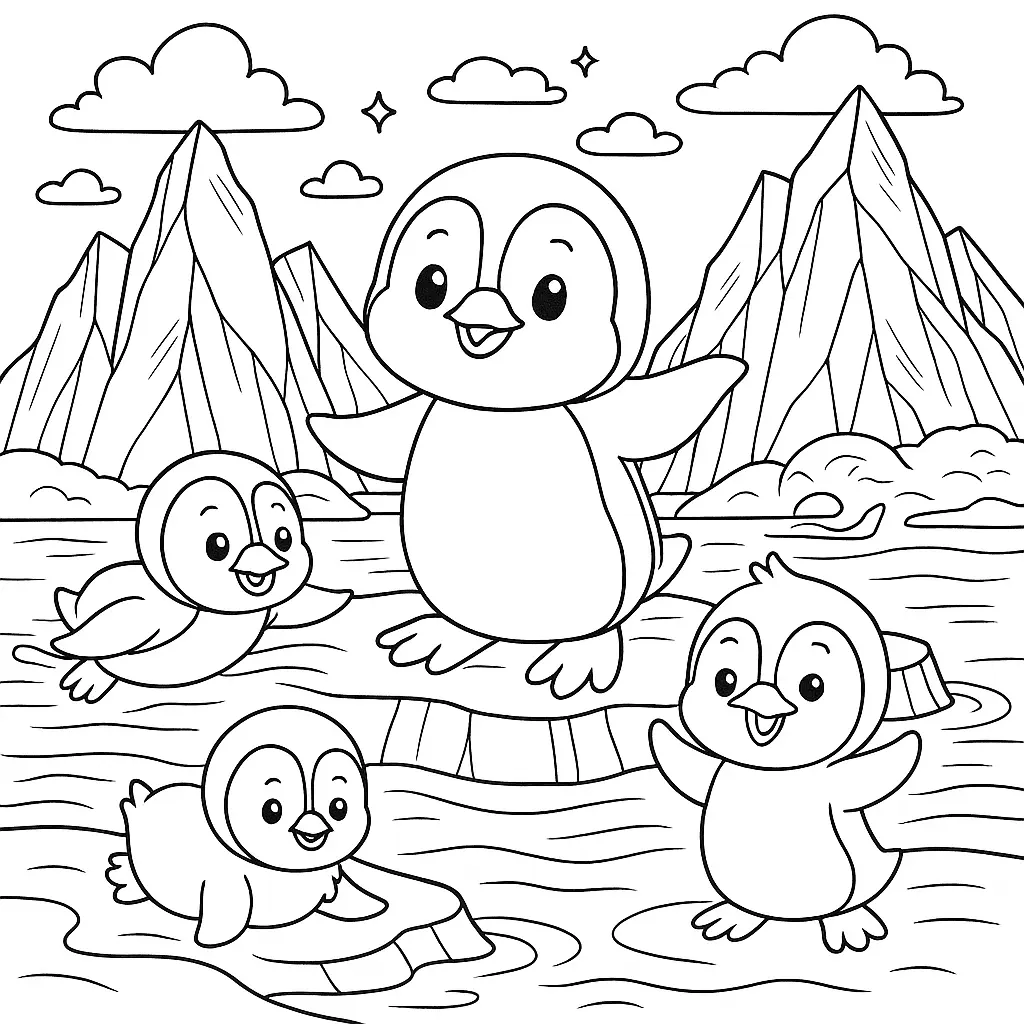 Ausmalbild mit lustigen kleinen Pinguinen vor einer Gletscherlandschaft – verspielt und winterlich