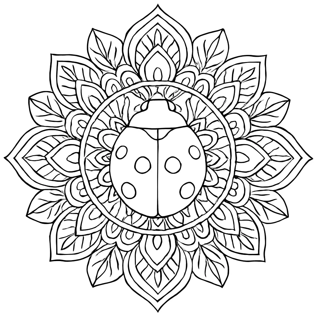 Mandala Ausmalbild mit Marienkäfer im Zentrum – ideal für Kinder und Erwachsene zum Ausdrucken und Ausmalen.