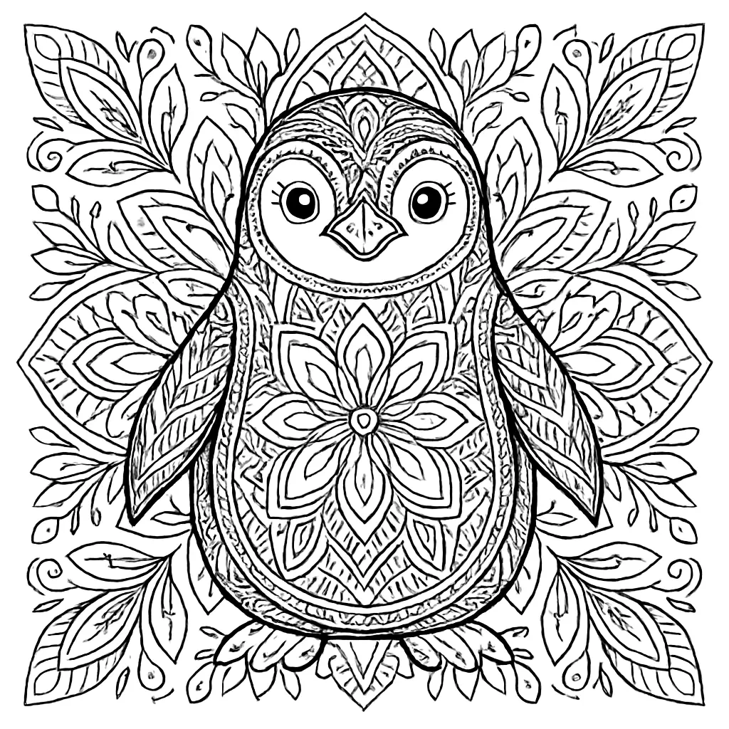 Pinguin Mandala Ausmalbild mit symmetrischen Mustern und floralen Elementen