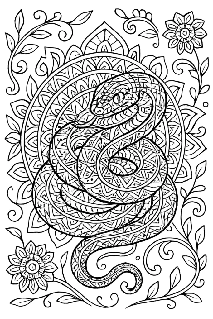 Mandala Ausmalbild einer Schlange mit komplexen Mustern – ideal zum Entspannen und kreativen Gestalten