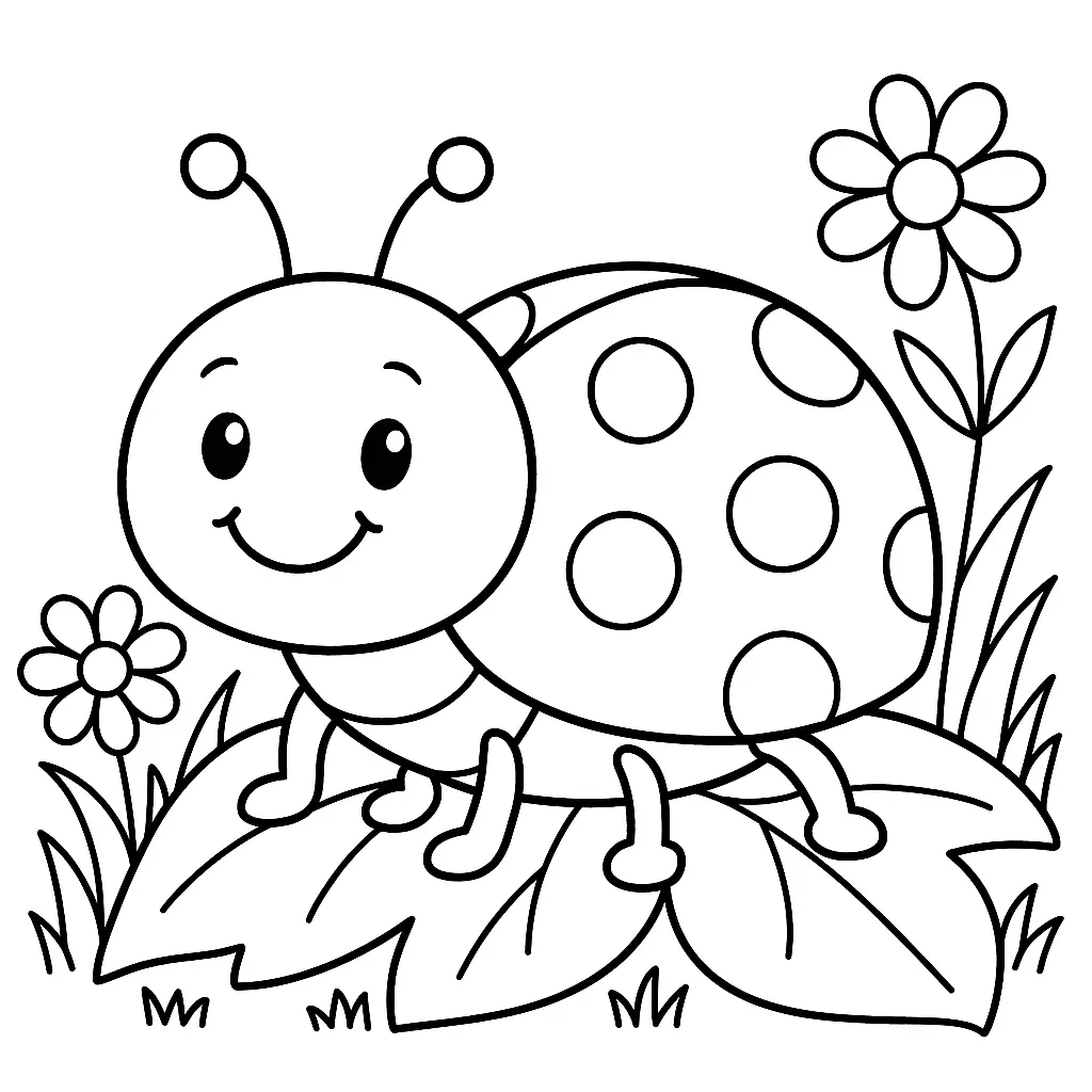 Einfaches Marienkäfer Ausmalbild für Kinder – mit Blumen, Blättern und freundlichem Gesicht zum Ausdrucken.