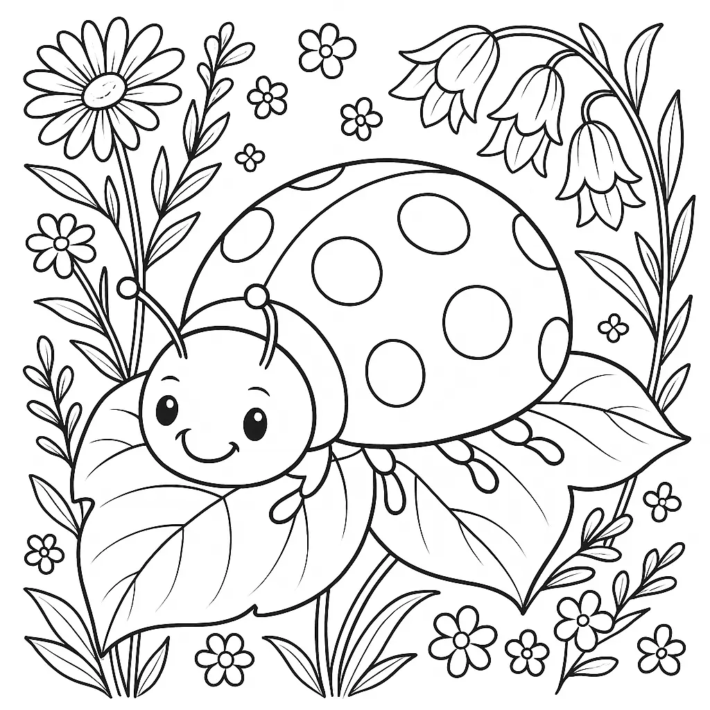 18 Marienkäfer Ausmalbilder (Kostenlose Malvorlage als PDF) Detailreiches Marienkäfer Ausmalbild auf einem Blatt, umgeben von Blumen – perfekt für Kinder zum Ausdrucken.