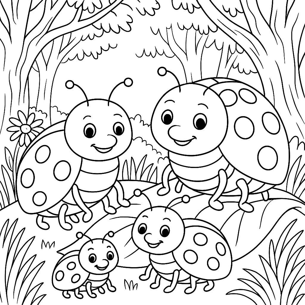 Ausmalbild einer Marienkäfer-Familie im Wald – liebevolle Szene für Kinder zum Ausmalen und Ausdrucken.