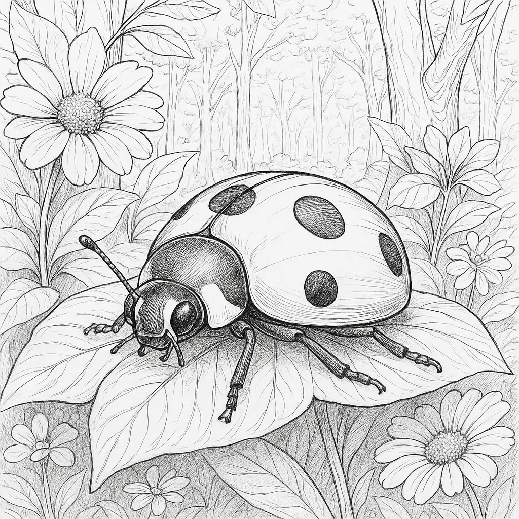 Marienkäfer Malvorlage auf einem Blatt, umgeben von Blumen und Wald – ideal zum Ausmalen.