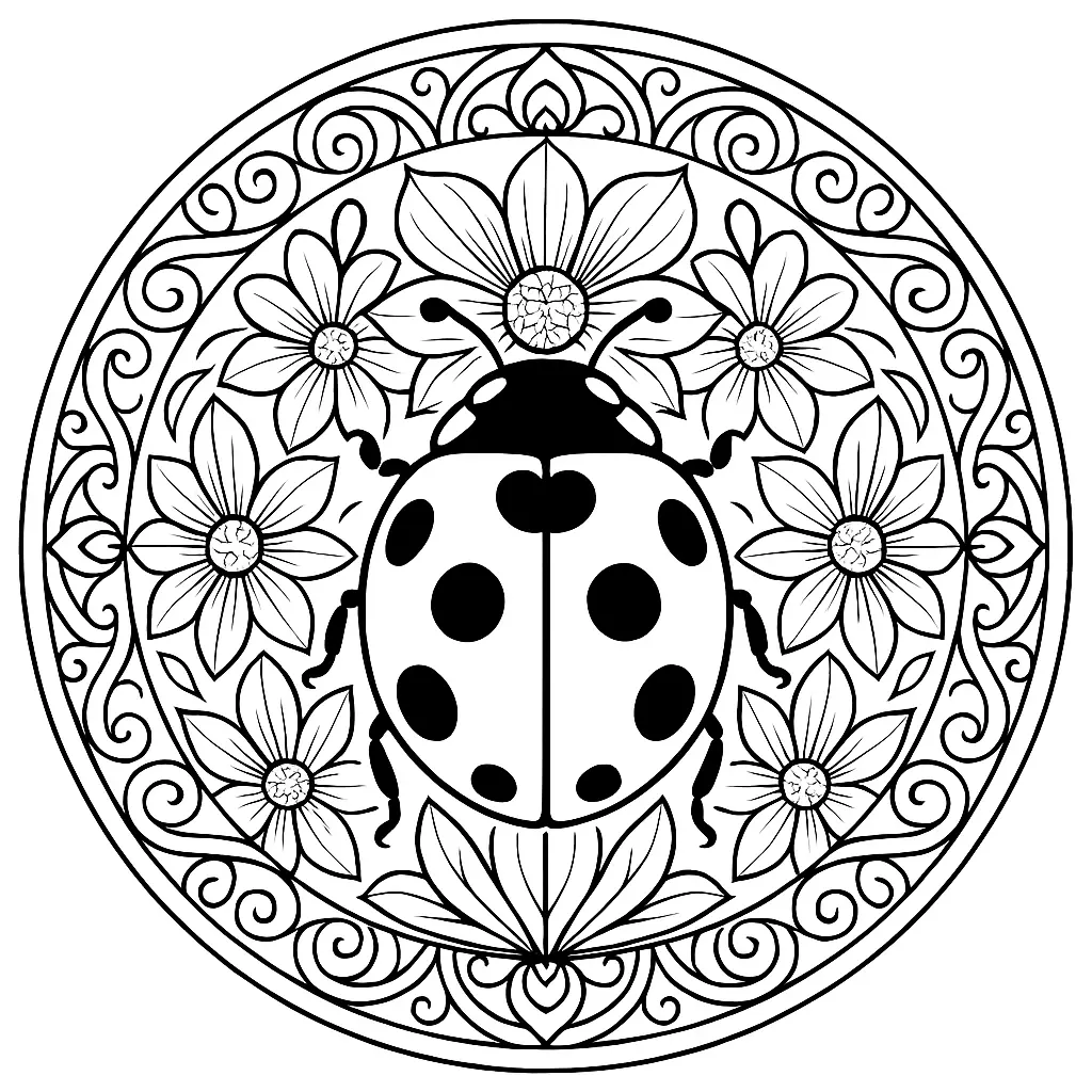 Marienkäfer Mandala Ausmalbild mit symmetrischem Blumenmuster – ideal für Erwachsene und Kinder zum Ausdrucken.