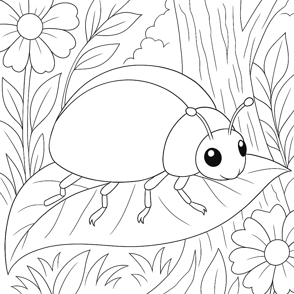 Ausmalbild eines Marienkäfers ohne Punkte auf einem Blatt – ideal für Kinder zum Ausdrucken und Ausmalen.