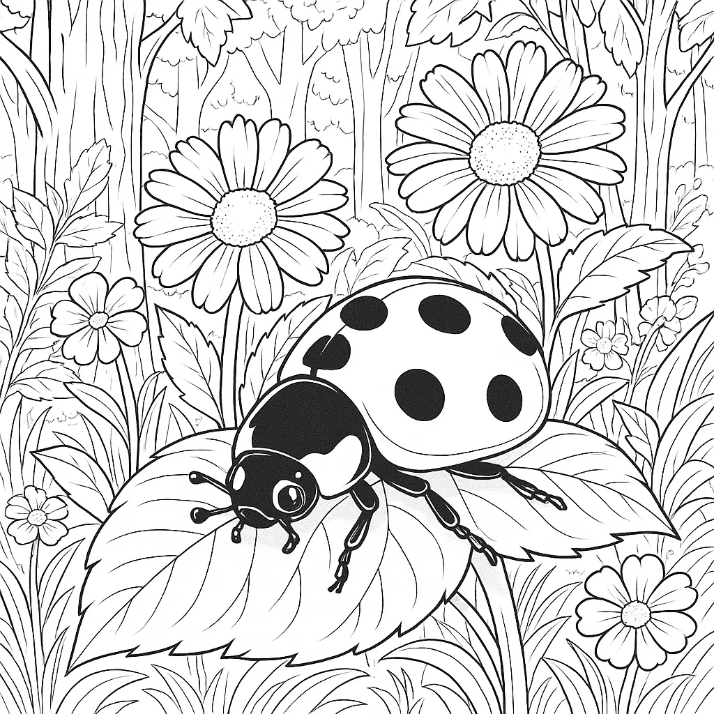 Detailliertes Ausmalbild eines Marienkäfers auf einem Blatt, umgeben von Blumen im Wald – perfekt für Kinder und Erwachsene.