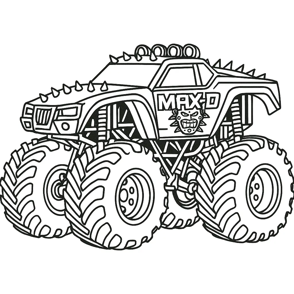 24 MonsterTruck Ausmalbilder (Kostenlose Malvorlagen Drucken) MaxD Monstertruck Ausmalbild mit kantigem Design, Stacheln und riesigen Reifen – perfekte Malvorlage für Kinder.