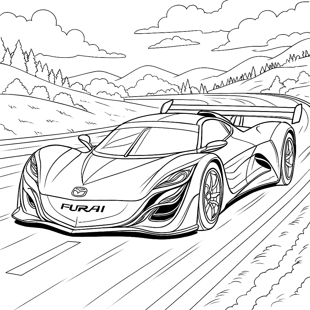 40 Rennautos Ausmalbilder (Kostenlose Malvorlage Drucken) Mazda Furai Ausmalbild – Futuristischer Sportwagen auf Rennstrecke mit Hügeln