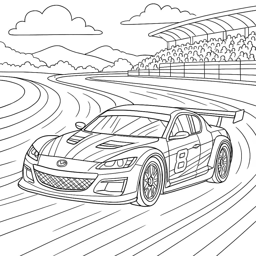 40 Rennautos Ausmalbilder (Kostenlose Malvorlage Drucken) Mazda RX-8 Ausmalbild – Rennfahrzeug auf Rennstrecke mit Tribüne und Hügeln