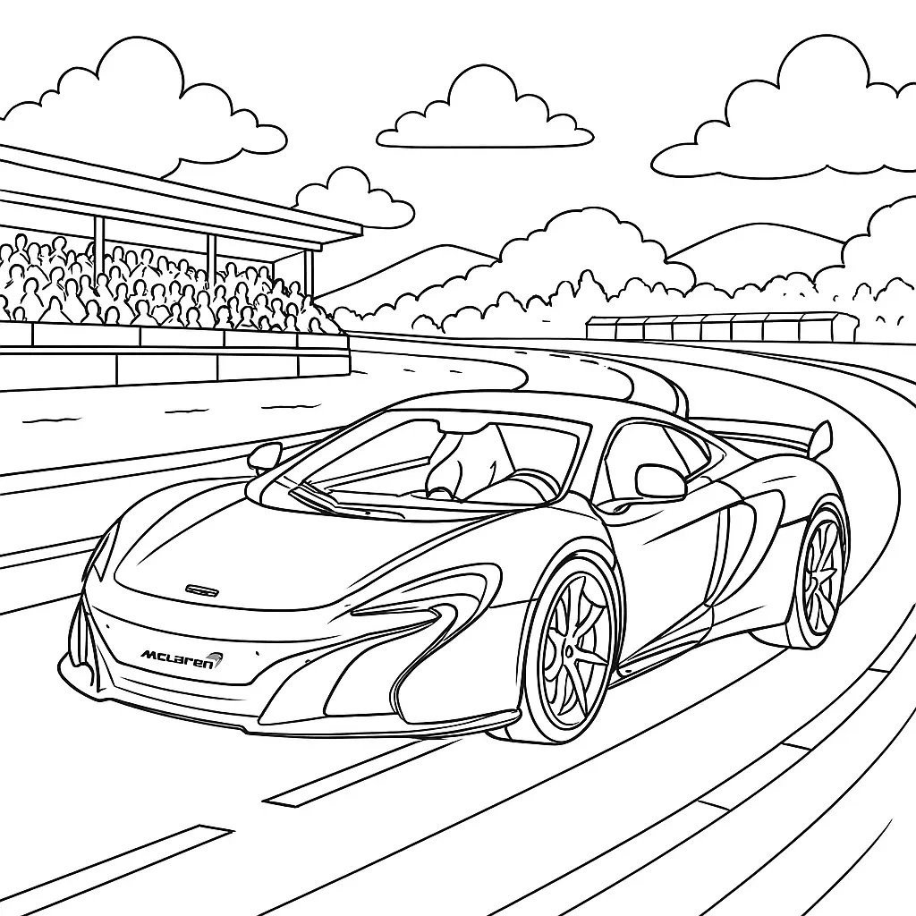 40 Rennautos Ausmalbilder (Kostenlose Malvorlage Drucken) McLaren 650S Ausmalbild – Supersportwagen auf Rennstrecke mit Tribüne