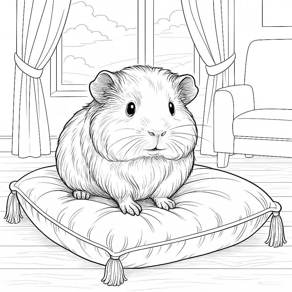 18 Meerschweinchen Ausmalbilder (Gratis Malvorlage zum drucken) Niedliches meerschweinchen ausmalbild auf einem weichen Kissen – ideal für Kinder zum Ausdrucken.