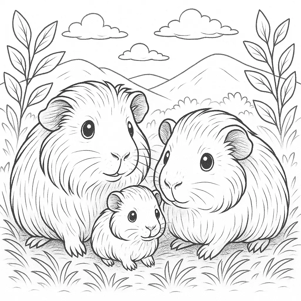 18 Meerschweinchen Ausmalbilder (Gratis Malvorlage zum drucken) Süßes meerschweinchen ausmalbild einer Familie – zwei erwachsene Meerschweinchen mit Baby im Freien. Ideal für Kinder zum Ausmalen.