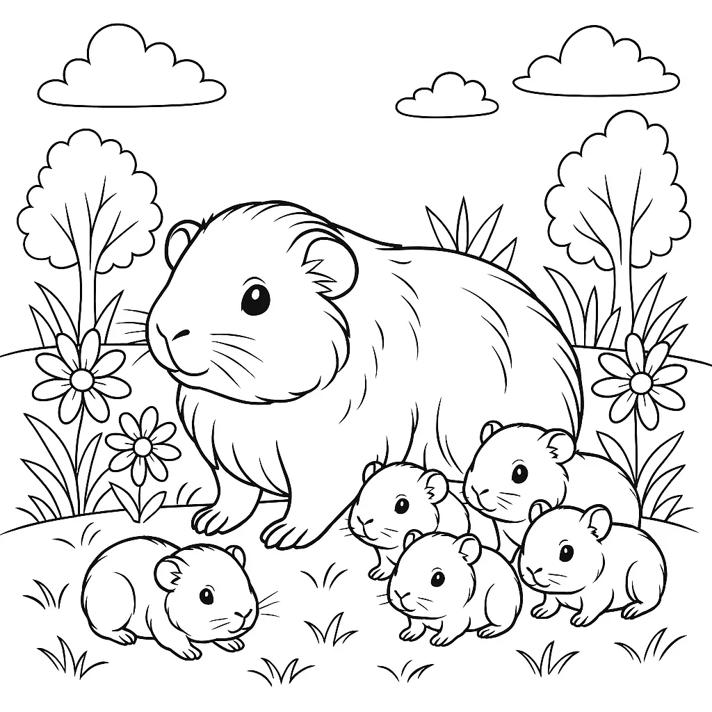 18 Meerschweinchen Ausmalbilder (Gratis Malvorlage zum drucken) Meerschweinchen Familie Ausmalbild ohne Rahmen – mit Blumen, Wiese und fünf Babys zum Ausmalen.