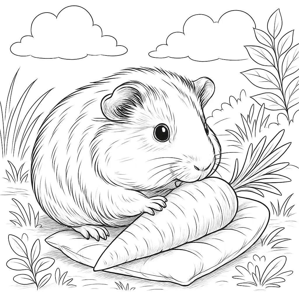 18 Meerschweinchen Ausmalbilder (Gratis Malvorlage zum drucken) Meerschweinchen frisst Karotte – liebevoll gezeichnetes ausmalbild meerschweinchen auf einer Wiese mit Hintergrunddetails.