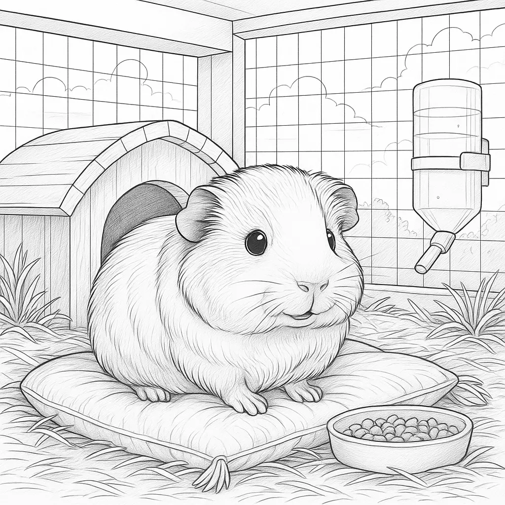 18 Meerschweinchen Ausmalbilder (Gratis Malvorlage zum drucken) Meerschweinchen im gemütlichen Käfig – liebevoll gezeichnetes ausmalbild meerschweinchen mit Häuschen, Heu, Futternapf und Wasserflasche.