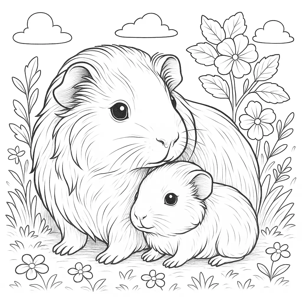 18 Meerschweinchen Ausmalbilder (Gratis Malvorlage zum drucken) Meerschweinchen Mutter mit Kind – liebevoll gezeichnetes ausmalbild meerschweinchen mit Blumenwiese im Hintergrund.
