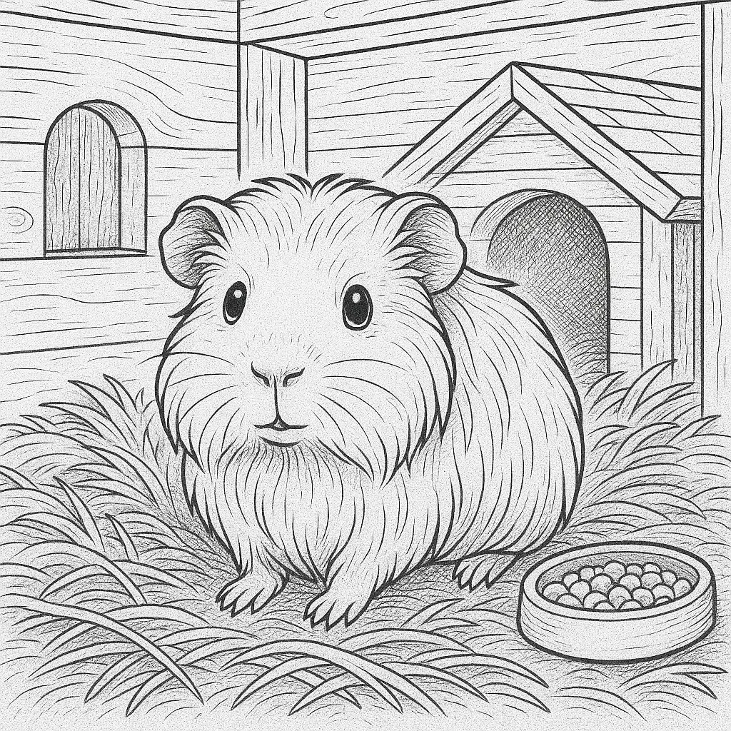 18 Meerschweinchen Ausmalbilder (Gratis Malvorlage zum drucken) meerschweinchen malvorlage mit Holzhütte, Stroh und Futterschale – ideal zum Ausdrucken für Kinder.