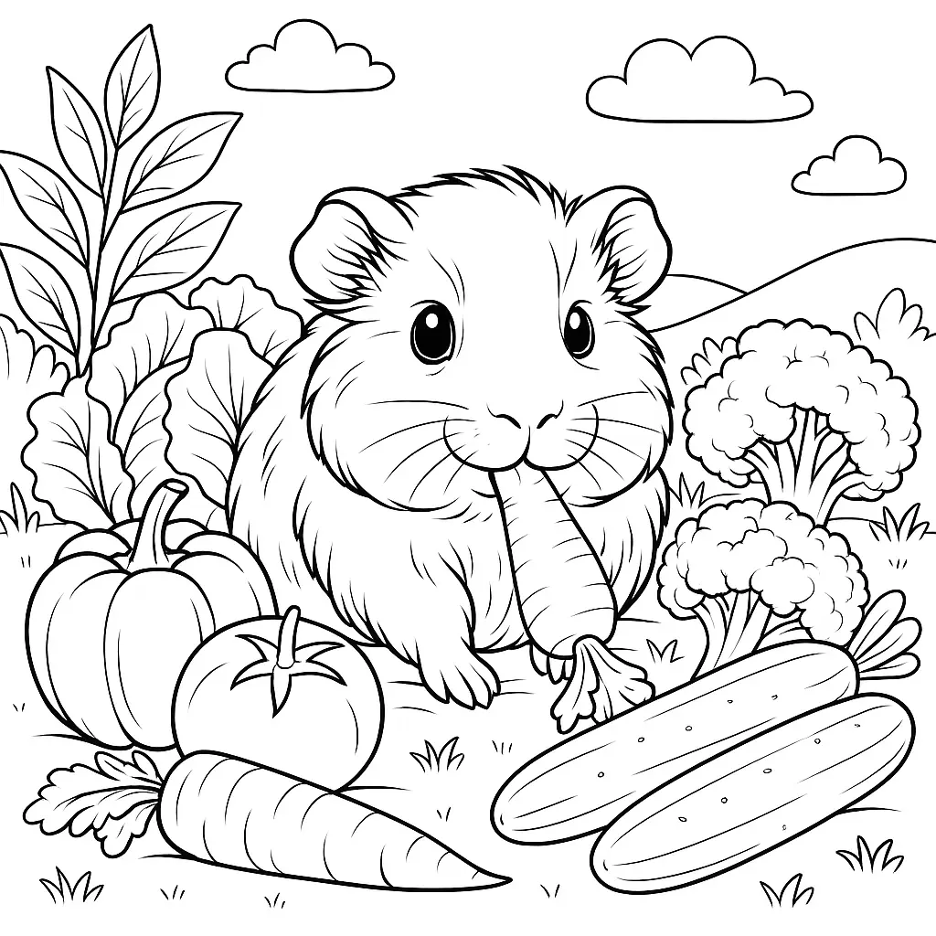 18 Meerschweinchen Ausmalbilder (Gratis Malvorlage zum drucken) Meerschweinchen mit Gemüse – ausmalbild meerschweinchen umgeben von Karotten, Brokkoli, Tomate, Kürbis und Gurken im Garten.