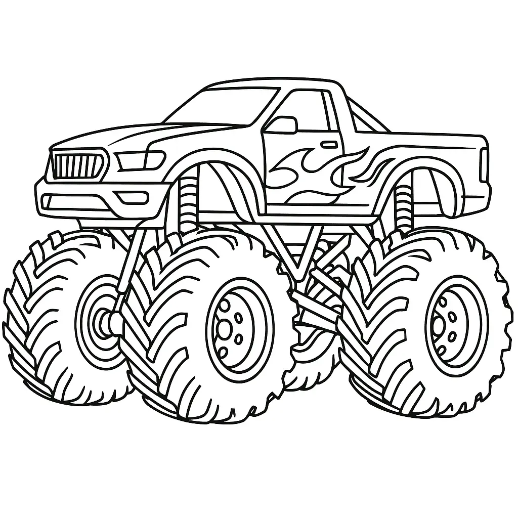 24 MonsterTruck Ausmalbilder (Kostenlose Malvorlagen Drucken) Monster Truck Ausmalbild mit Flammen-Design und riesigen Reifen – detailreiche Malvorlage zum Ausmalen.