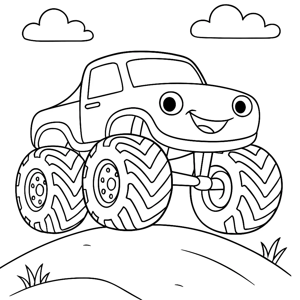 24 MonsterTruck Ausmalbilder (Kostenlose Malvorlagen Drucken) Monstertruck Ausmalbild für Kinder mit freundlichem Design, großen Reifen und Landschaft – einfache Malvorlage zum Ausdrucken.