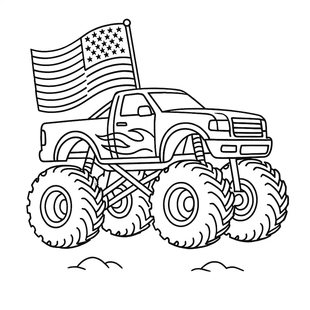 24 MonsterTruck Ausmalbilder (Kostenlose Malvorlagen Drucken) Monstertruck Ausmalbild in Seitenansicht mit massiven Reifen und detaillierter Karosserie – ideal für Kinder, die Monster-Truck Malvorlagen lieben.