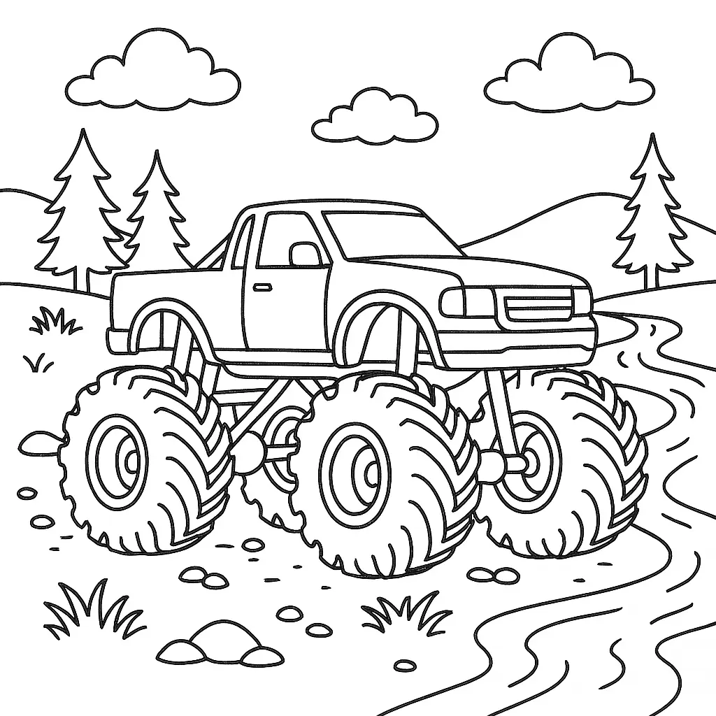 24 MonsterTruck Ausmalbilder (Kostenlose Malvorlagen Drucken) Monstertruck Ausmalbilder in natürlicher Umgebung – großer Truck mit dicken Reifen am Flussufer, ideal für Kinder zum Ausmalen.