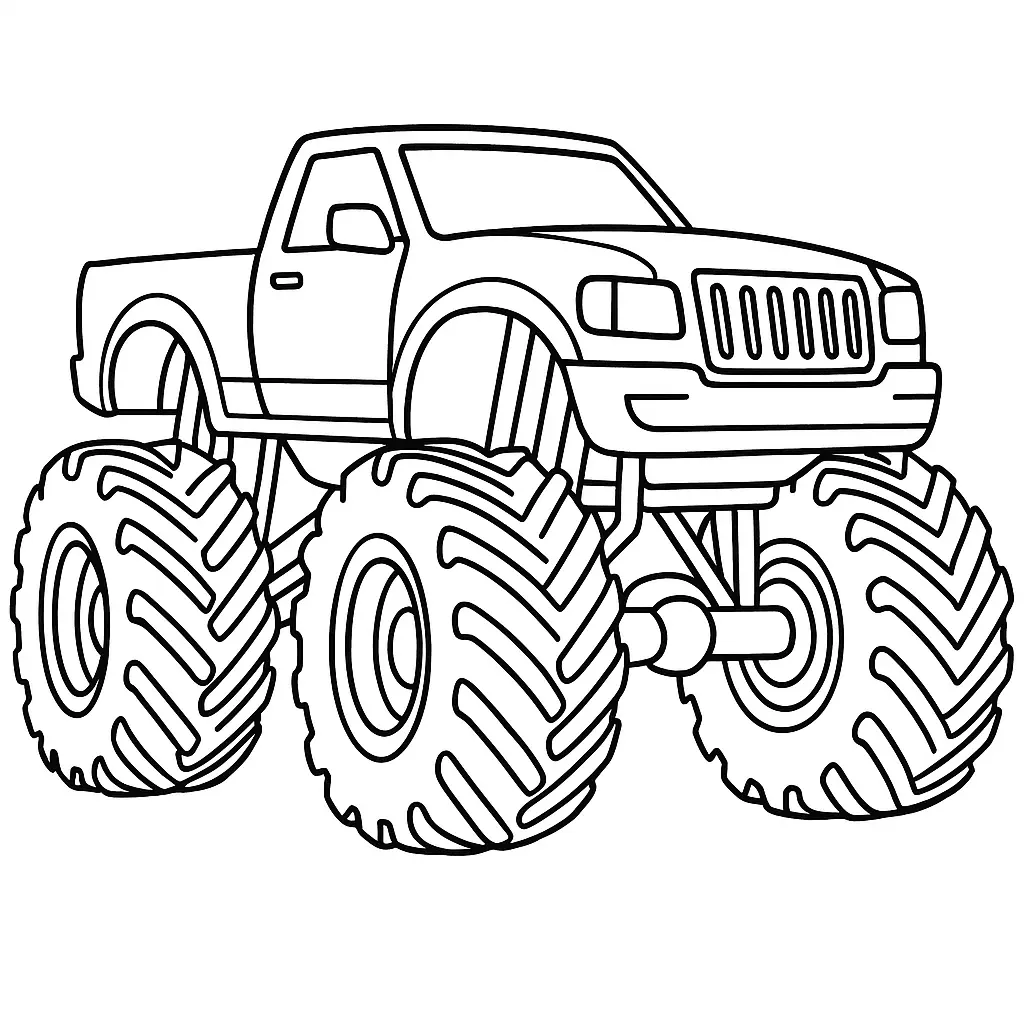 Schwarz-weißes Monstertruck Ausmalbild mit riesigen Reifen und coolem Design – perfekt zum Ausmalen für Kinder und Fans von Monster-Truck Malvorlagen.