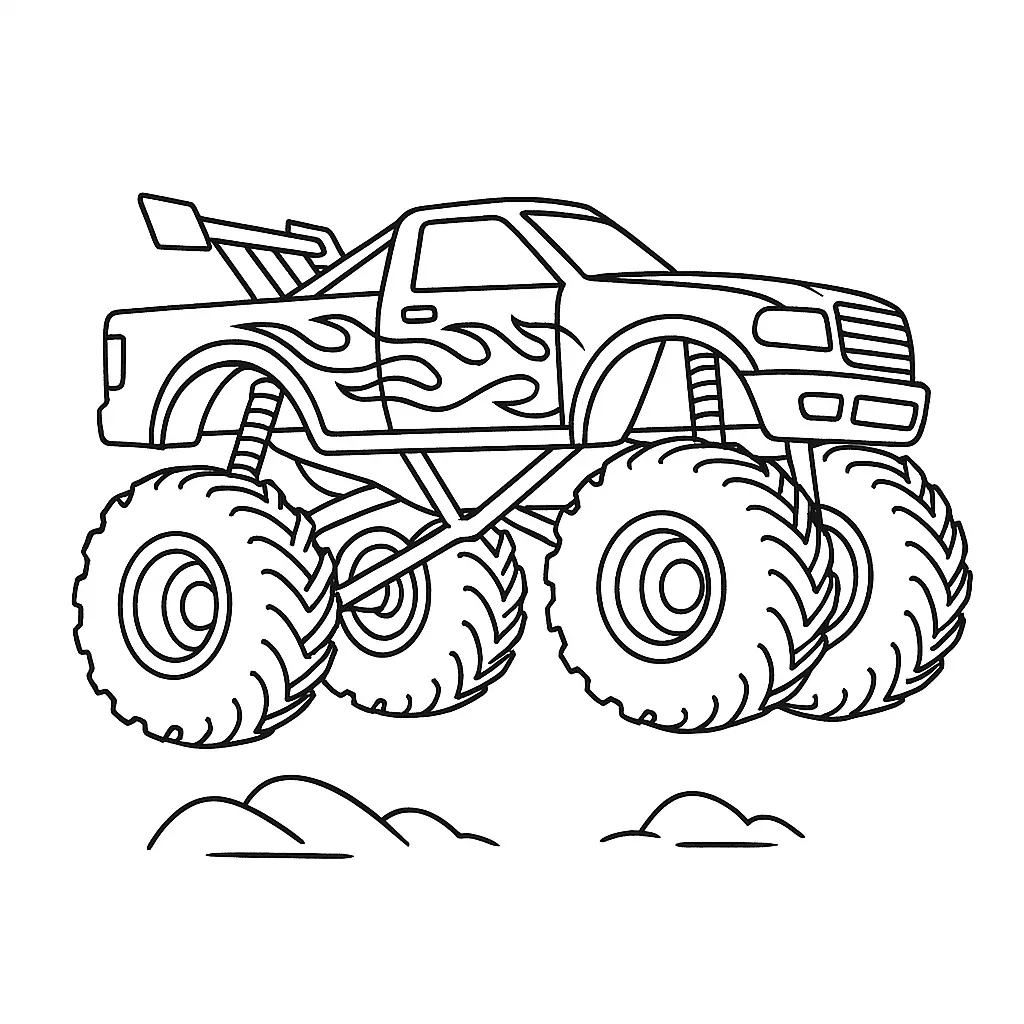 24 MonsterTruck Ausmalbilder (Kostenlose Malvorlagen Drucken) Ausdrucksstarke Monstertruck Malvorlage mit flammendem Design – springender Monster-Truck mit riesigen Reifen als cooles Ausmalbild für Kinder.