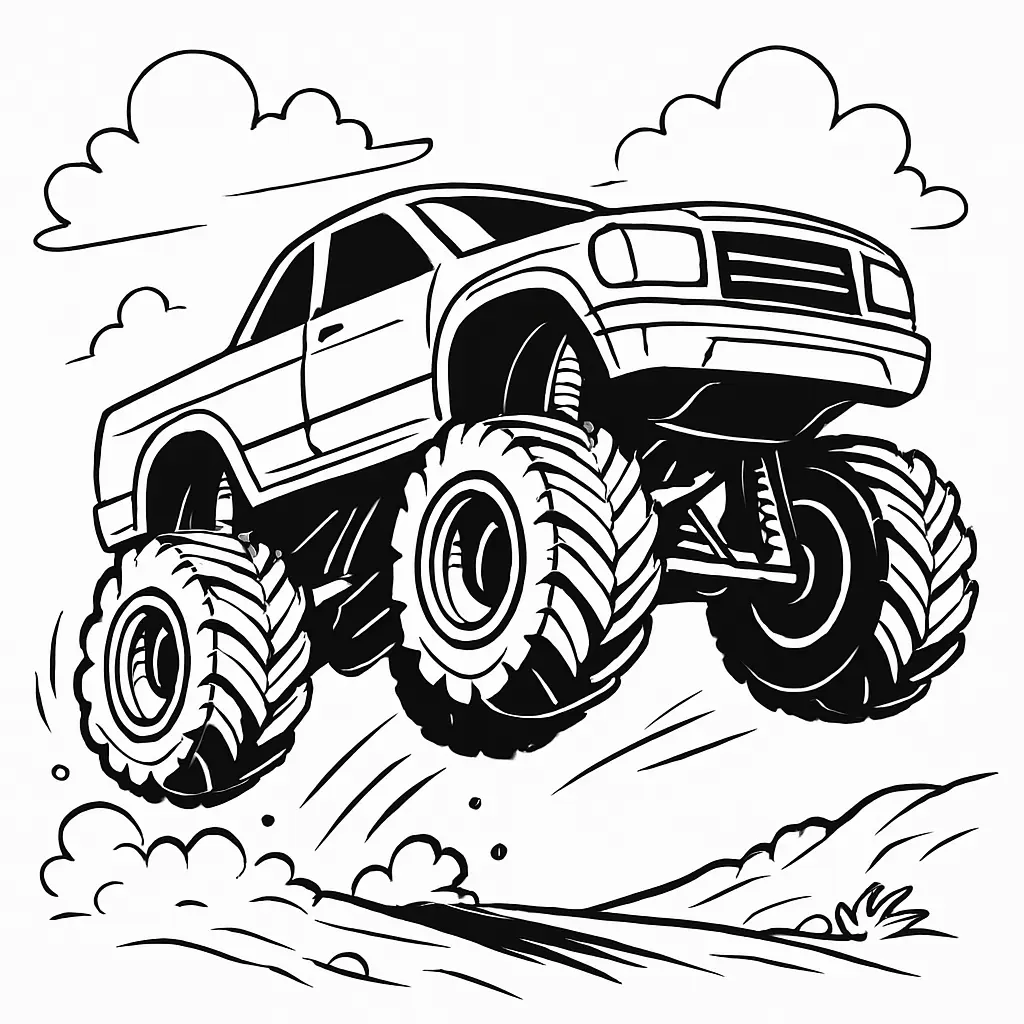 24 MonsterTruck Ausmalbilder (Kostenlose Malvorlagen Drucken) Monstertruck Ausmalbild mit Mega-Sprung – großer Truck mit dicken Reifen fliegt über unwegsames Gelände.