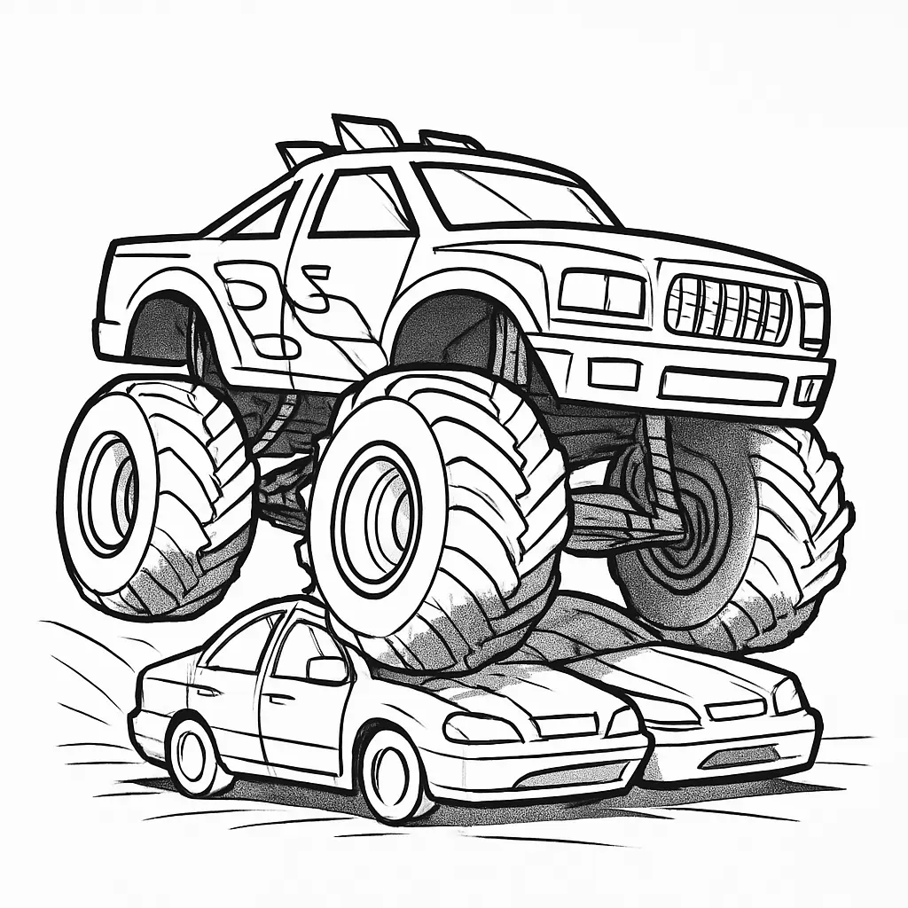 24 MonsterTruck Ausmalbilder (Kostenlose Malvorlagen Drucken) Monstertruck Ausmalbild mit springendem Truck über Autos – actionreiche Malvorlage für Kinder.
