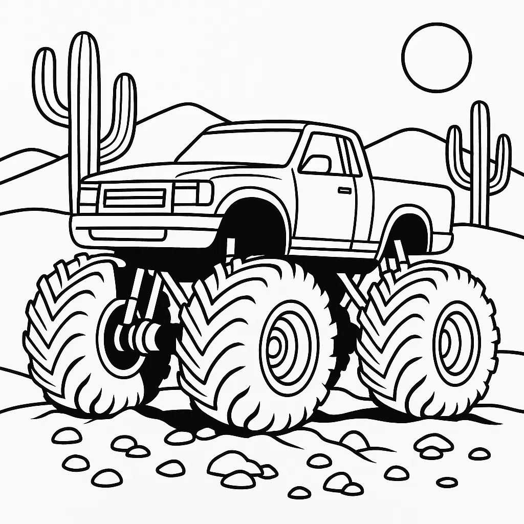24 MonsterTruck Ausmalbilder (Kostenlose Malvorlagen Drucken) Monstertruck Ausmalbild in der Wüste – großer Truck mit riesigen Reifen fährt durch Sand und Kakteenlandschaft.