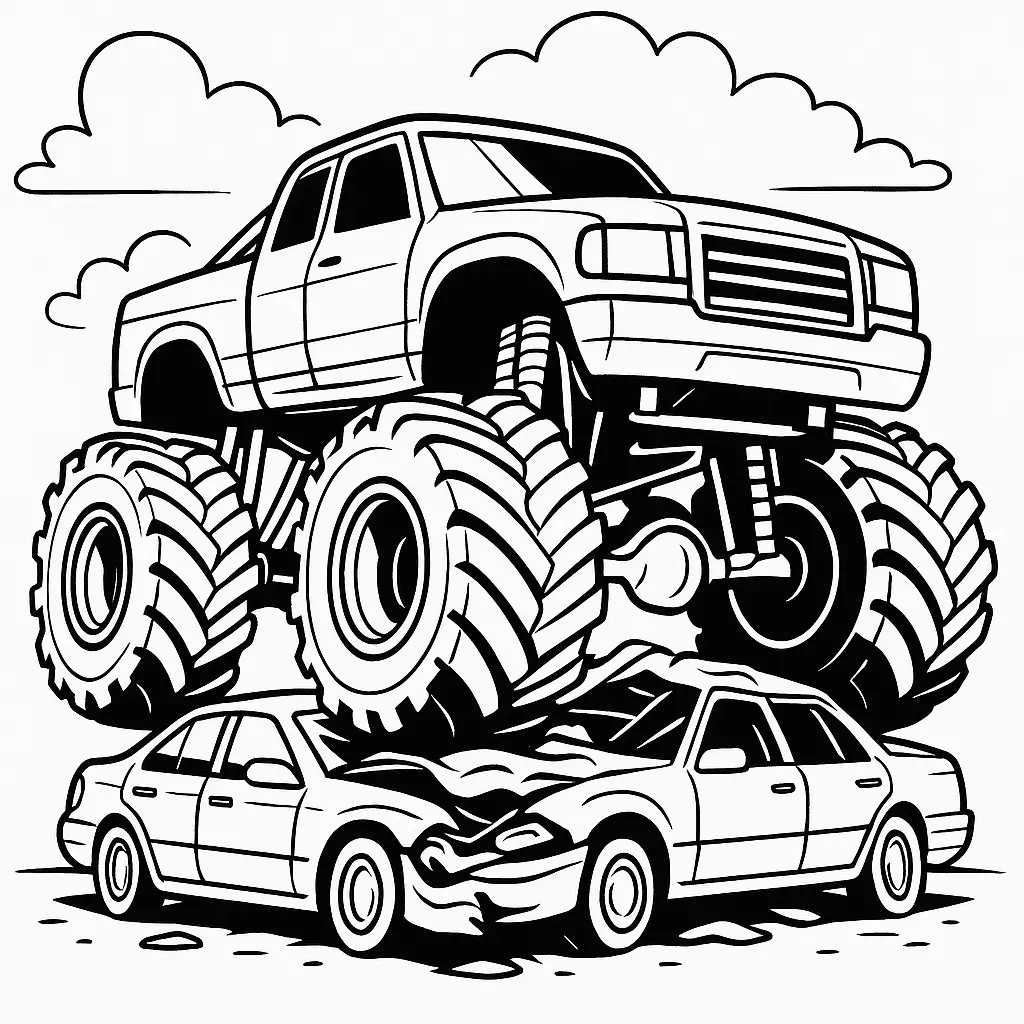24 MonsterTruck Ausmalbilder (Kostenlose Malvorlagen Drucken) Monstertruck Ausmalbild mit mehreren zerstörten Autos – riesiger Truck mit dicken Reifen über zwei zerquetschten Fahrzeugen.