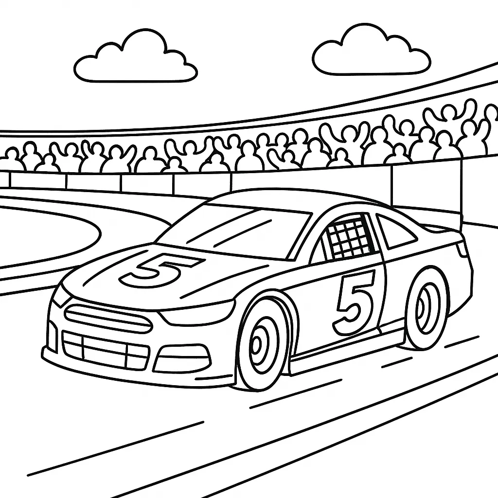 40 Rennautos Ausmalbilder (Kostenlose Malvorlage Drucken) NASCAR Auto Ausmalbild – Kindgerechtes Rennwagen auf Rennstrecke mit Publikum